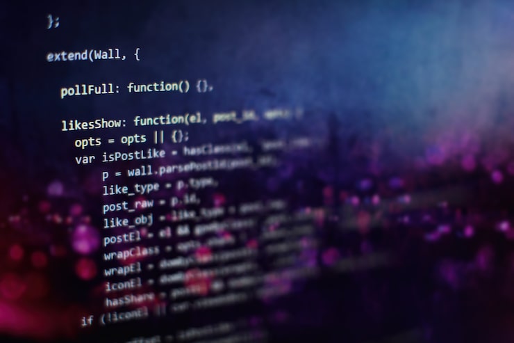 Photo software developer programming code. abstract computer script code. selective focus