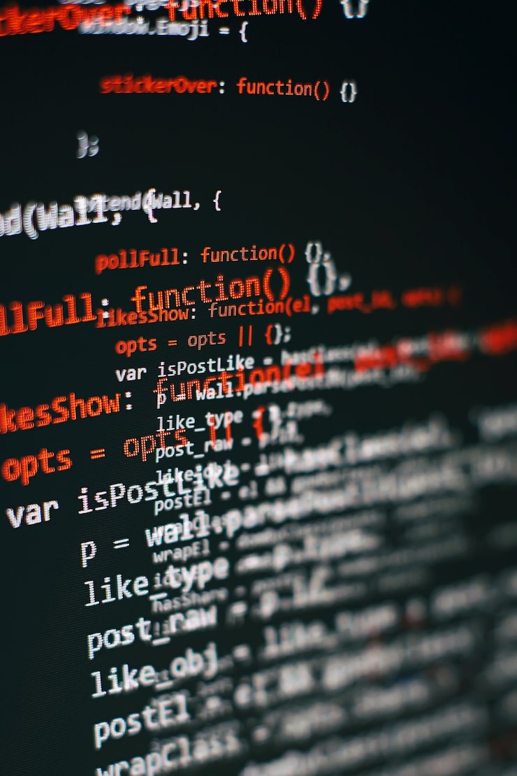 Photo software developer programming code. abstract computer script code. selective focus