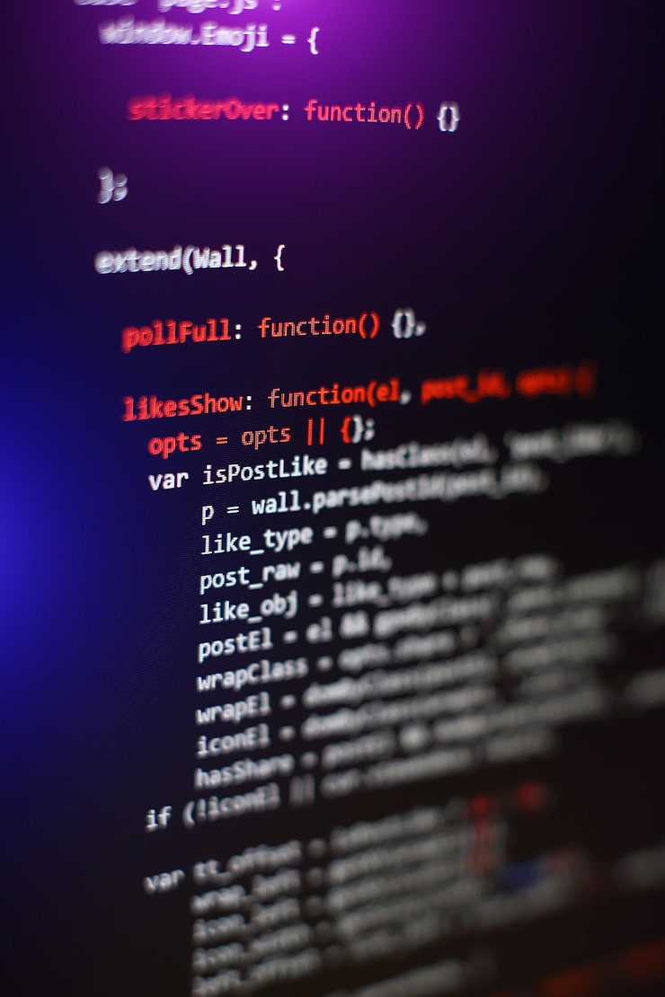 Photo software developer programming code. abstract computer script code. selective focus