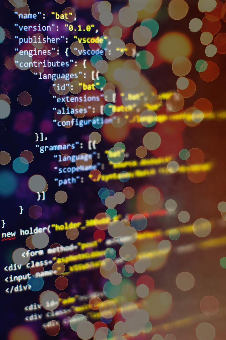 Photo software developer programming code. abstract computer script code. selective focus