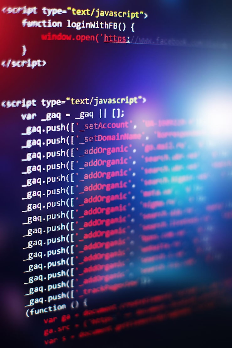 Photo software developer programming code. abstract computer script code. selective focus