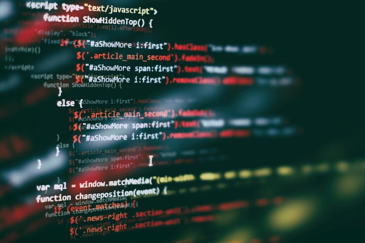 Photo software developer programming code. abstract computer script code. selective focus