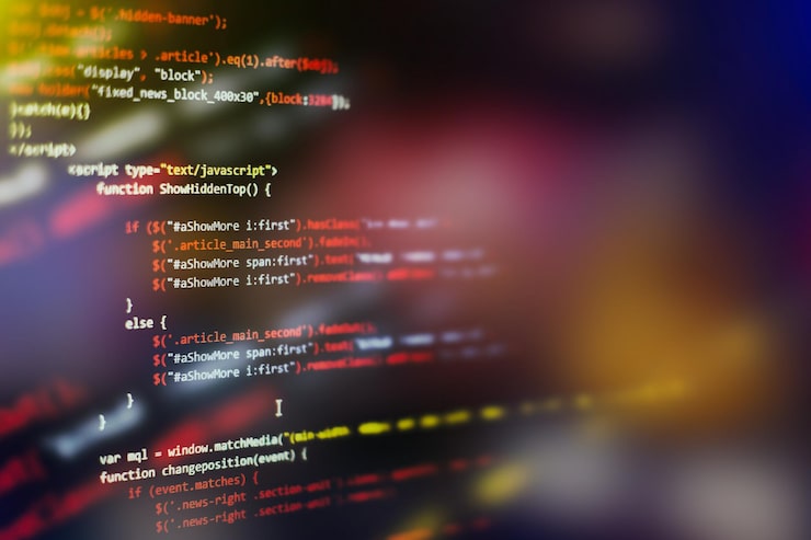 Photo software developer programming code. abstract computer script code. selective focus