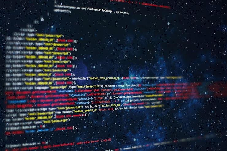 Photo software developer programming code. abstract computer script code. selective focus