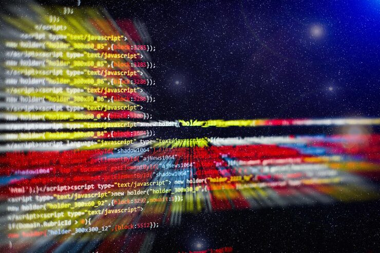 Photo software developer programming code. abstract computer script code. selective focus