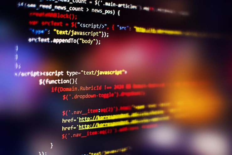 Photo software developer programming code. abstract computer script code. selective focus