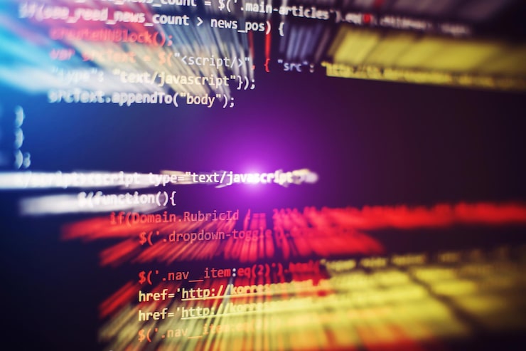 Photo software developer programming code. abstract computer script code. selective focus