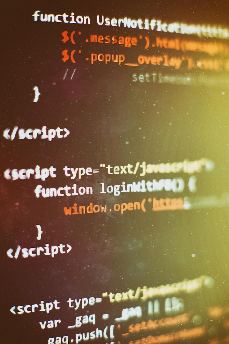 Photo software developer programming code. abstract computer script code. selective focus