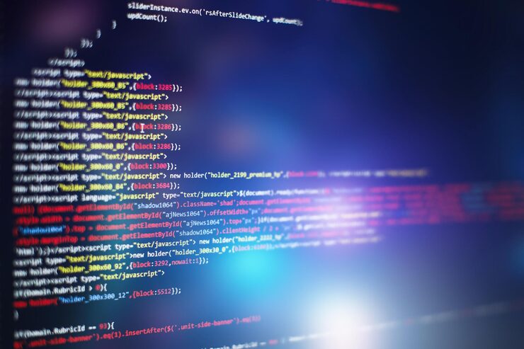 Photo software developer programming code. abstract computer script code. selective focus