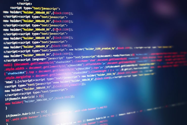 Photo software developer programming code. abstract computer script code. selective focus