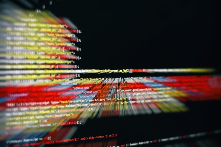 Photo software developer programming code. abstract computer script code. selective focus