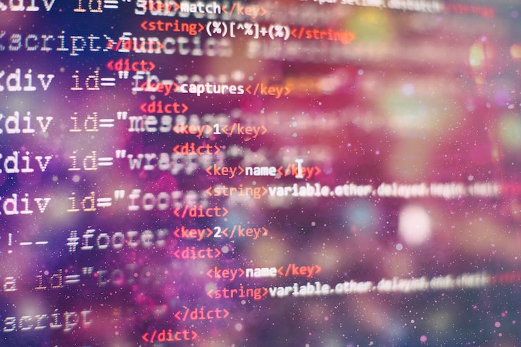 Photo software developer programming code. abstract computer script code. selective focus