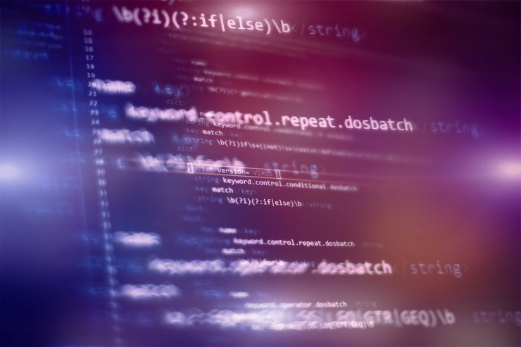 Photo software developer programming code. abstract computer script code. selective focus