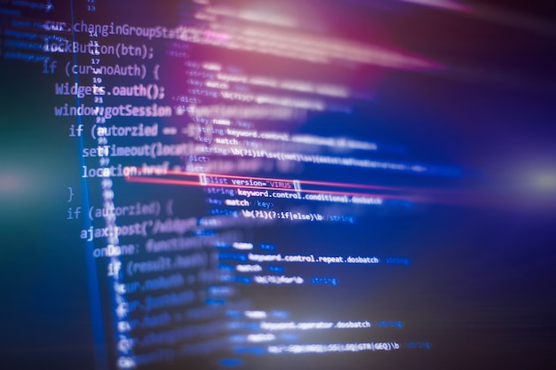 ソフトウェア開発者のプログラミングコード。抽象コンピュータスクリプトコード。