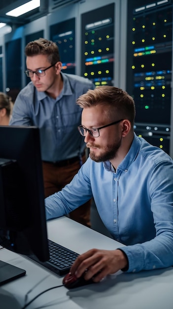 software developer programming finding solutions while working on desktop computers in data center