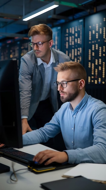 software developer programming finding solutions while working on desktop computers in data center