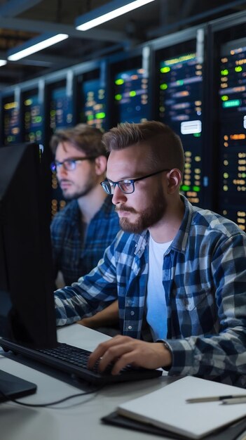 software developer programming finding solutions while working on desktop computers in data center