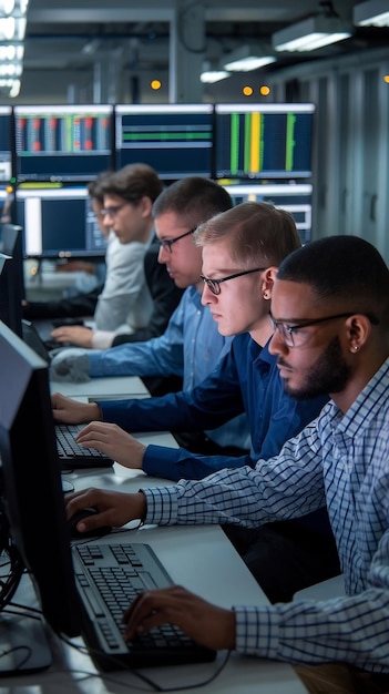 software developer programming finding solutions while working on desktop computers in data center