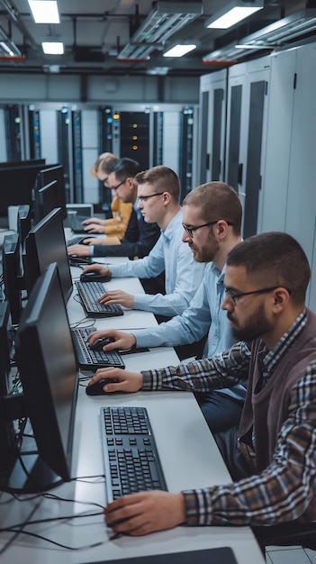 software developer programming finding solutions while working on desktop computers in data center