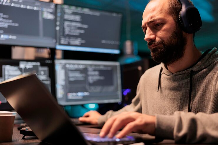 Photo software developer programming user interface on computer and compiling source code with html script and algorithms. coding cloud computing online program on multiple screens at night.