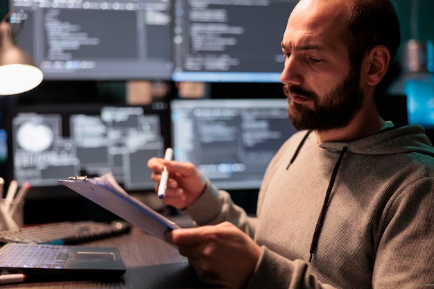 Software developer taking notes on files after comparing html script and source code, doing online database analysis. Writing coding information on papers, working late at night in office.