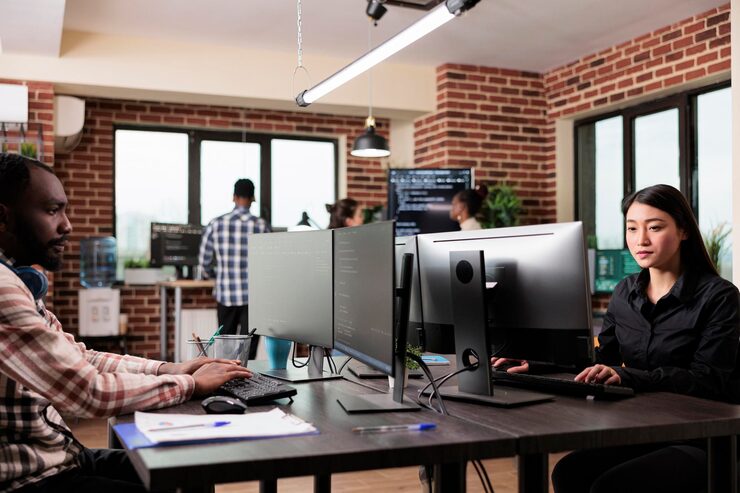 Photo software developer team programming encryption applications to be used as security measure. diverse cybernetics engineers upgrading processing system application database.