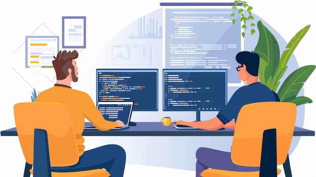 A software developer and UI designer collaborating over code and design on dual monitors ar 169 stylize 50 v 6 Job ID c762a1194dce4199a900229c42ca88cb