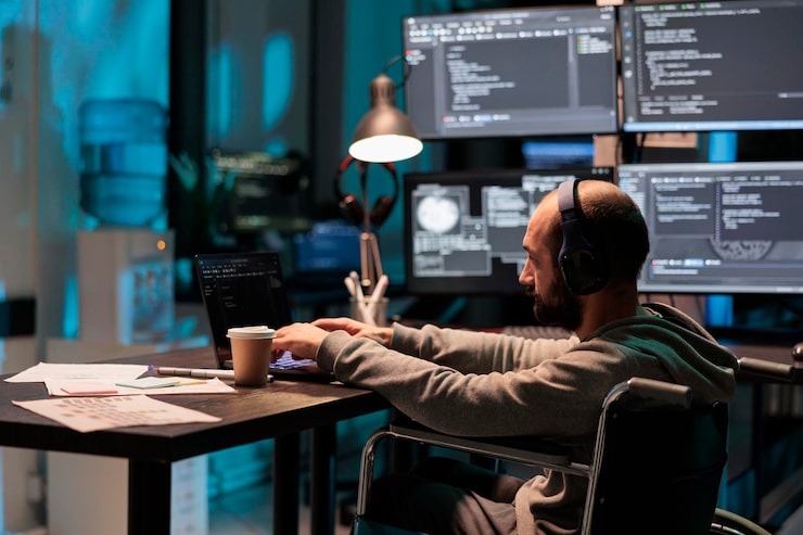 Photo software developer with chronic disability writing code, computing big data to create app interface. using html script and database source to program artificial intelligence algorithm.