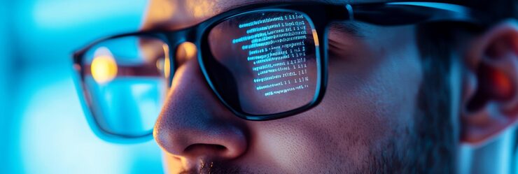 Photo software developer with glasses coding as the code reflects in the lenses tech project and programming in focus during a latenight session