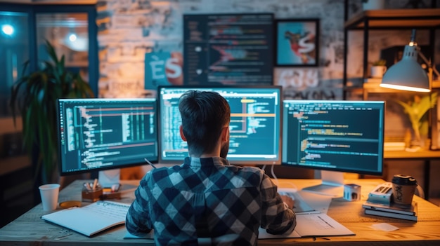 Software developer working on code in dual monitor setup aig