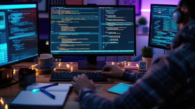 Software developer working on code in dual monitor setup aig
