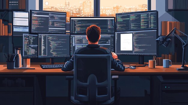 a software developer working at a desk with multiple computer monitors coding and designing the scene captures the modern tech workspace with gadgets coffee mugs and a collaborative environment