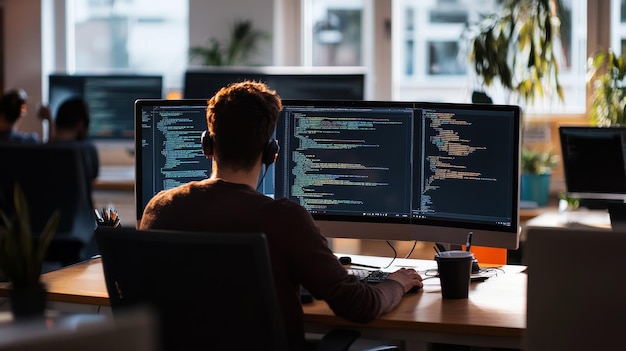 software developer working on a desktop with two large monitors displaying code the office setting highlights focus teamwork and collaborative software development