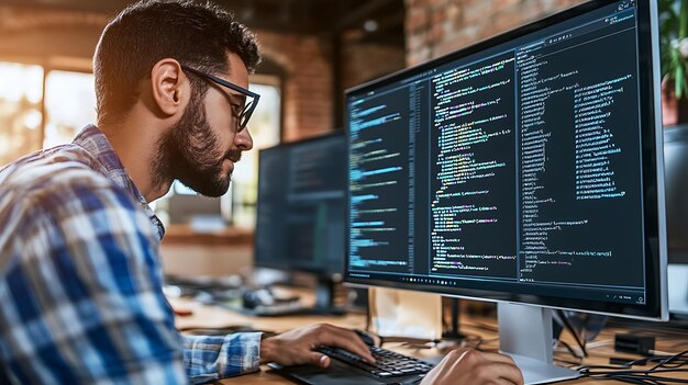 software developer working intently on computer coding in modern office environment with multiple screens displaying programming languages and data atmosphere is focused and productive