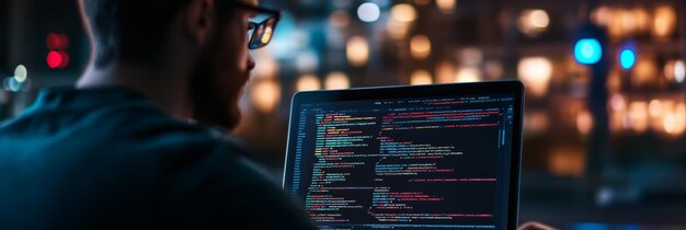 software developer working on a laptop displaying code with a colorful bokeh background latenight coding and software development in a cozy environment