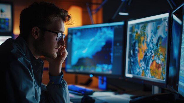 software developer working late using multiple computer screens showing abstract code and data visualizations