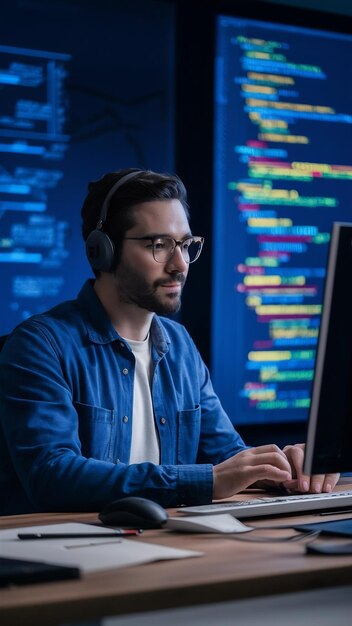 सॉफ्टवेयर डेवलपर ऑनलाइन सिस्टम के साथ नए उपयोगकर्ता इंटरफेस पर काम कर रहा है ताकि इसमें एल्गोरिदम बनाया जा सके