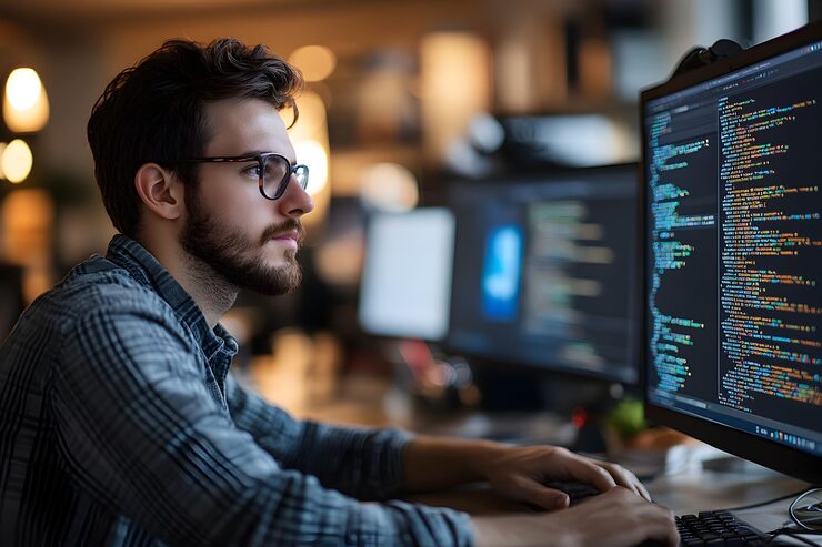 Photo software developer writing code and creating innovative programs in bright and clean office workspace coder typing on laptopcoding on computer screen to build new digital applications