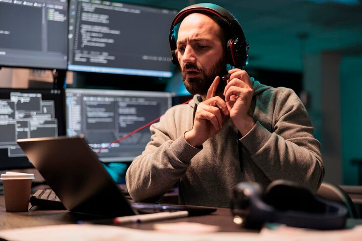 Photo software developer writing source code to create new user interface, programming html script and testing headset microphone. working on developing system with multiple screens at night.