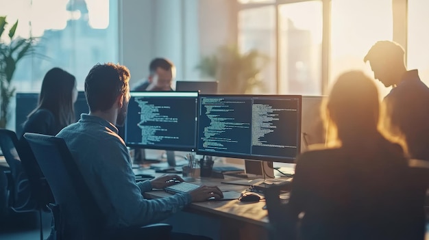 software developers coding in a modern office with multiple screens showing code team collaboration and software development process in action