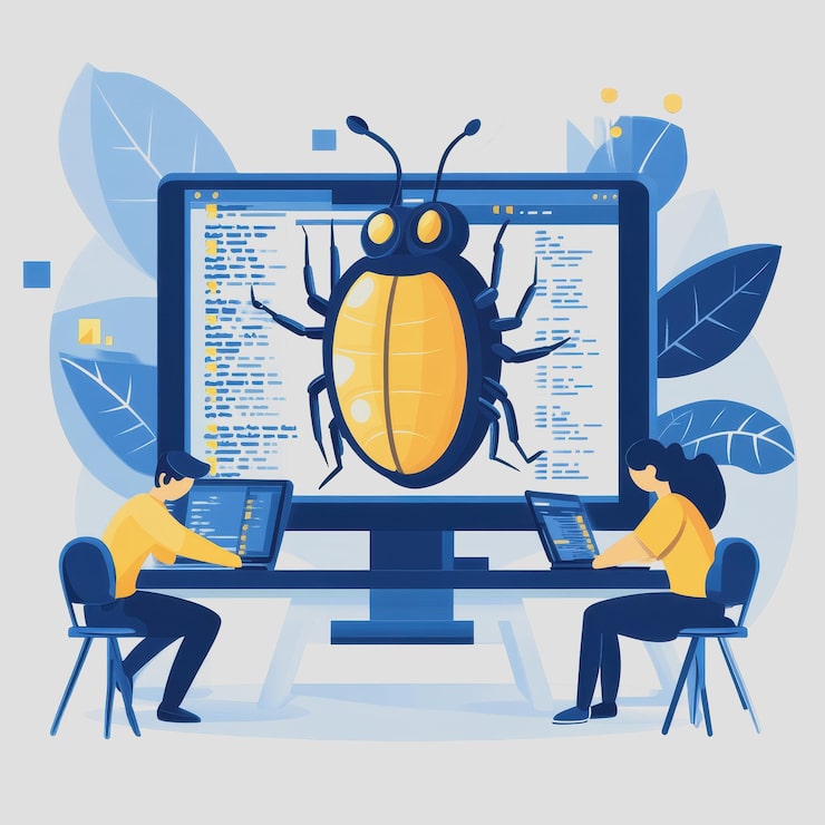 Photo software developers debugging code with computer screen featuring large insect icon representing bug fixing and programming challenges