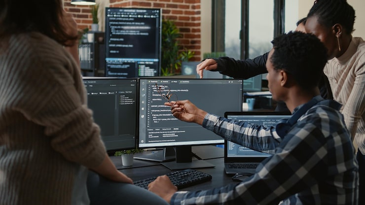 Photo software developers discussing about source code compiling discovers errors and asks the rest of the team for explanations in front of multiple screens running algorithms. programmers doing teamwork.