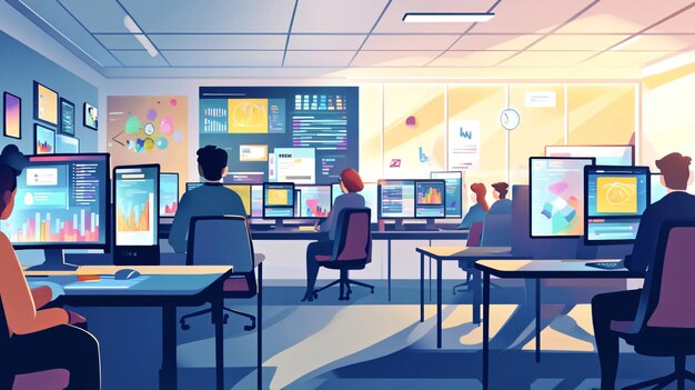 कोड दिखाती कई कंप्यूटर स्क्रीन का उपयोग करके काम कर रही सॉफ्टवेयर डेवलपर्स टीम