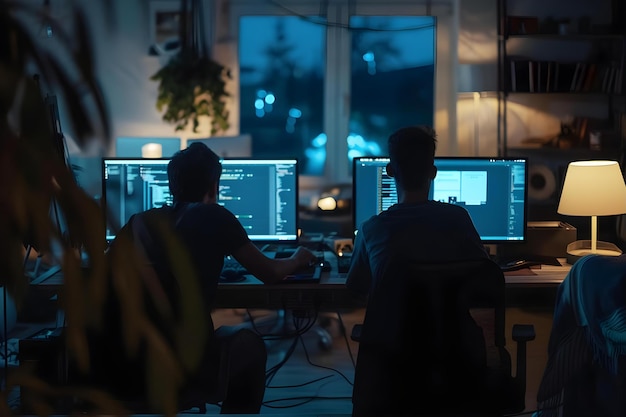 software developers working together on coding and testing applications in a modern development environment concept collaborative coding application testing modern development