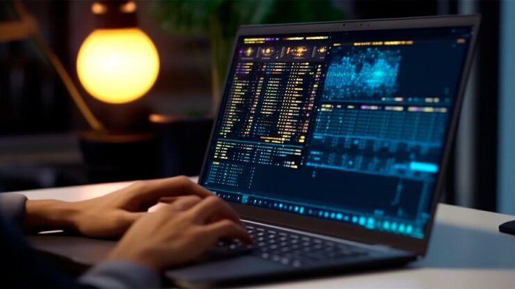 Photo software development concept coding programmer software engineer working on laptop with javascript computer code on virtual scree generative ai illustration