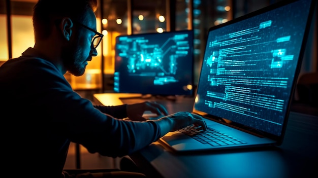 software development concept coding programmer software engineer working on laptop with javascript computer code on virtual screen internet of things iot digital technology generative ai illustrator