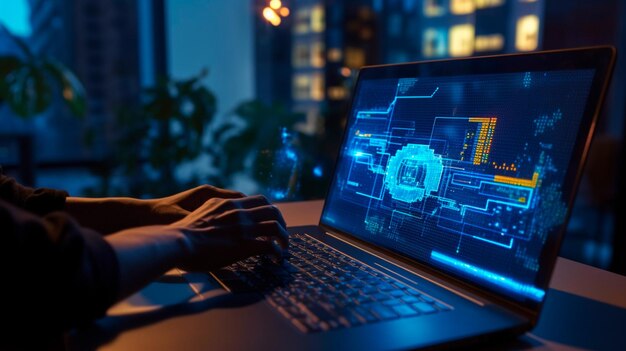 software development concept coding programmer software engineer working on laptop with javascript computer code on virtual screen internet of things iot digital technology generative ai illustrator