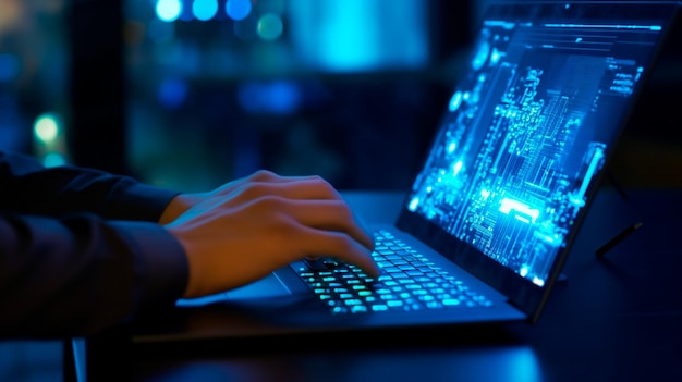 software development concept coding programmer software engineer working on laptop with javascript computer code on virtual screen internet of things iot digital technology generative ai