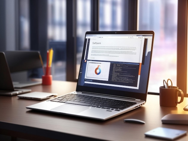 Software development concept Laptop with open screen hanging over desk