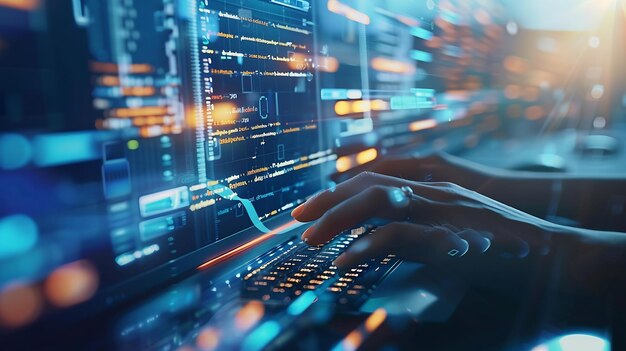 A software development designer or programmer is typing on a computer ...